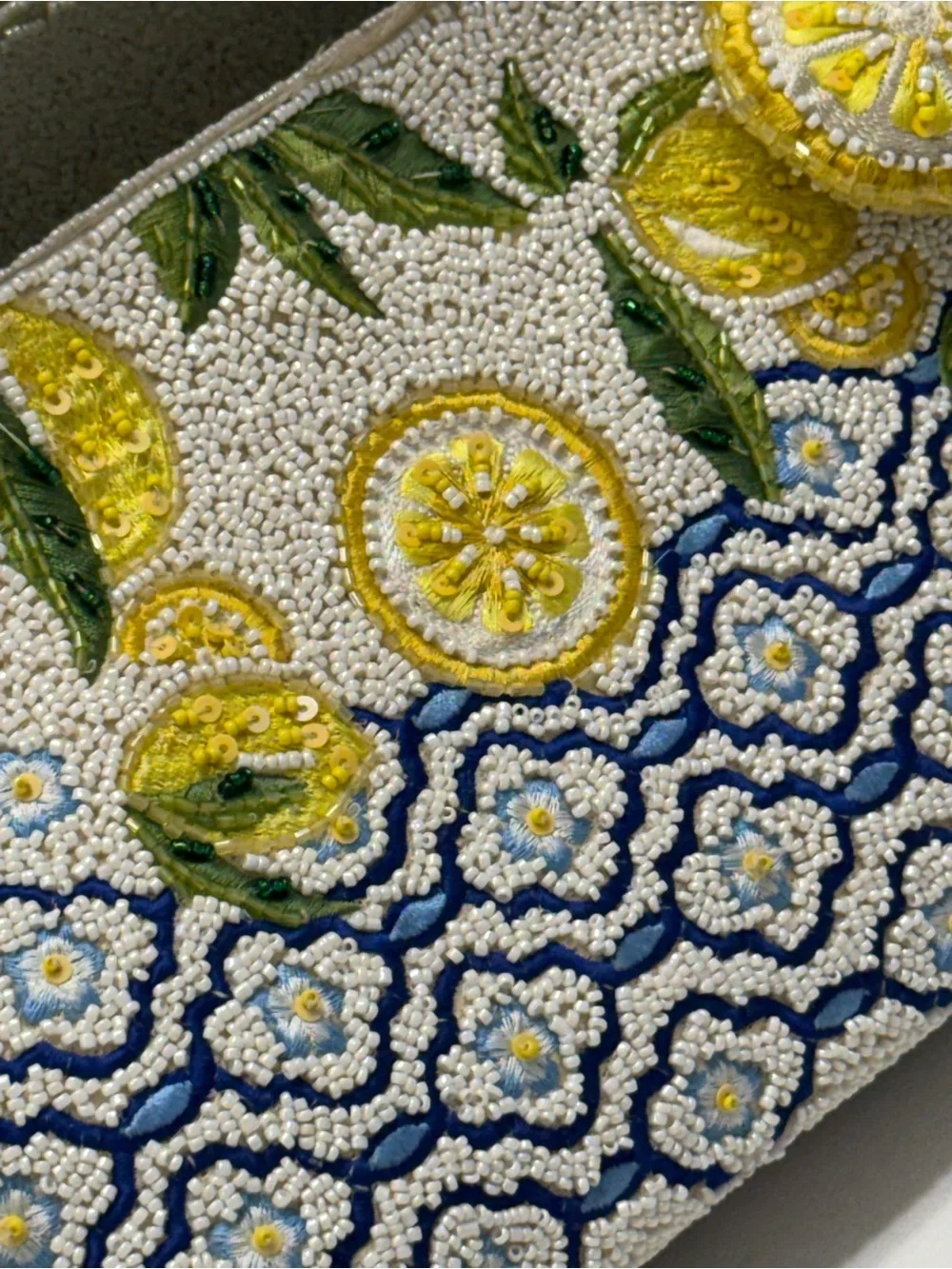 Beaded Lemon Motif Wristlet Clutch in Yellow & Blue NWT
